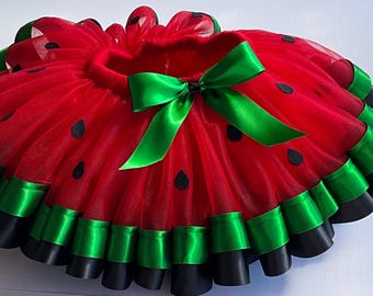 Watermelon Tutu Skirt for Girls | Double Layer Red Tulle with Black & Green Satin Ribbon | Handmade Summer Outfit for Birthday or Dress-Up