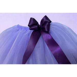 May include: A light purple tutu skirt with a dark purple satin bow and matching ribbon. The skirt is made of layers of soft tulle, creating a full and fluffy appearance. The bow is centered at the waist.