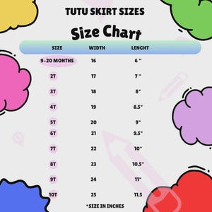 May include: A size chart for tutu skirts, with sizes ranging from 9-20 months to 10T. The chart lists width and length measurements in inches, with widths from 16 to 25 inches and lengths from 6 to 11.5 inches. The text "TUTU SKIRT SIZES" is at the top.