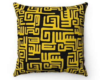 Deep Yellow Faux Suede Ankara Print Pillow