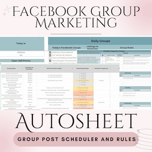 Puede incluir: Una hoja de cálculo titulada "Facebook Group Marketing" con el texto "Autosheet" y "Group Post Scheduler and Rules". La hoja de cálculo incluye secciones para grupos diarios, reglas de grupo y políticas de autopromoción. La fecha es el 9 de marzo de 2024.