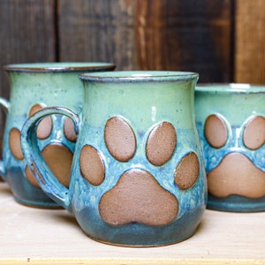 Paw Print Mug, Blue and Green Handmade Paw Mug