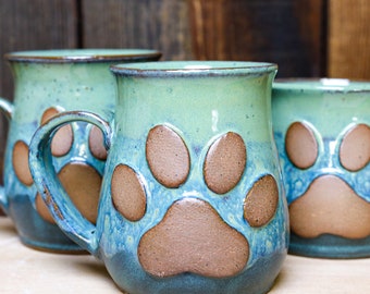 Paw Print Mug, Blue and Green Handmade Paw Mug