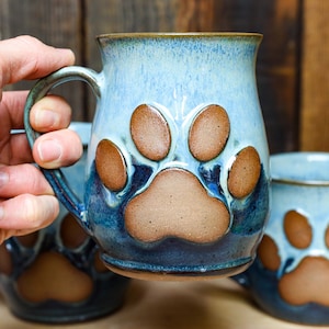 Paw Print Mug, Blue Drippy Paw Mug, Handmade Pottery Gift for Dog Lovers