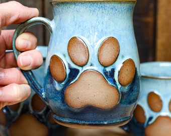 Paw Print Mug, Blue Drippy Paw Mug, Handmade Pottery Gift for Dog Lovers