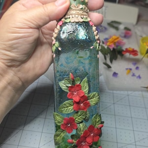 Handmade Realistic Ruby Vinca Flowers refurbished slender glass container with cork