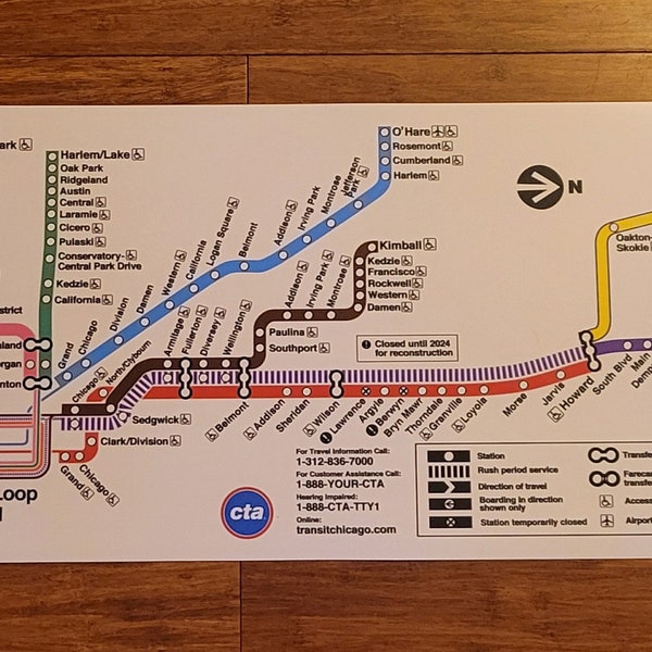 Chicago Transit Authority CTA Map Cards Vintage Blue, Brown, System Line Sign