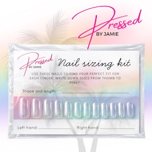 May include: A clear nail sizing kit with the text "Pressed by Jamie" and "Nail sizing kit". The kit includes a set of clear, oval-shaped nails for measuring nail sizes. Instructions are printed on the packaging.