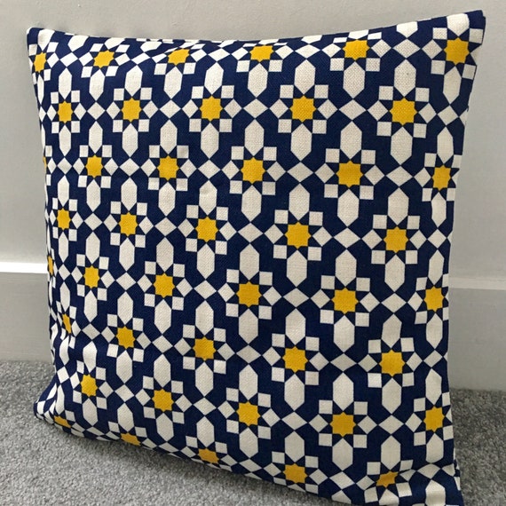 Dark Blue and Mustard Yellow Moroccan Tiles Geometric Cushion