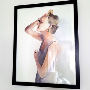 May include: A watercolor painting of a woman with blonde hair wearing a light gray sleeveless top and a green earring. The woman is looking down and has her hand on her head.