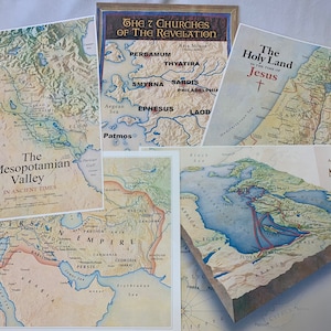 May include: A collection of seven vintage maps depicting historical regions and locations related to the Bible. The maps are printed on paper with a beige background and feature brown, blue, and green lines and text. The maps include the Mesopotamian Valley in ancient times, the Holy Land in the time of Jesus, the 7 Churches of the Revelation, and the Apostle Paul's Three Missionary Journeys.