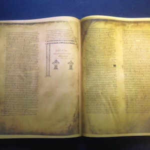 May include: Open book with aged, yellowed pages filled with handwritten text. The left page features a decorative border and illustrations. The book's edges are gilded, and the overall appearance suggests a historical or antique manuscript.