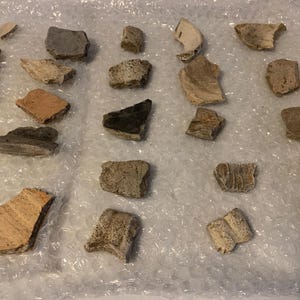 May include: A collection of pottery shards in various shapes and sizes. The fragments display a range of colors, including beige, brown, gray, and black. The pieces appear to be ancient, with textured surfaces.