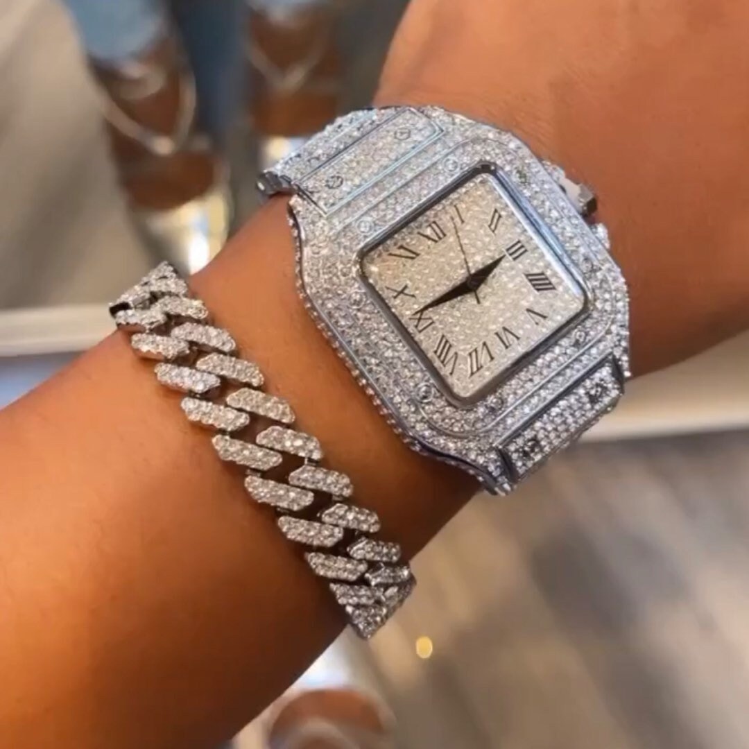 2 Piece SET Hip Hop Iced Watch Set Luxury Jewelry Bling Watch Stack Bracelet Watch Stack Silver Watch Cuban Link Bracelet Set Gift Etsy Ireland