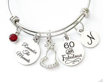 60th Remember The Moments 60th Birthday Gift For Her Celebrating 60 Years, Milestone Birthday 60 & Fabulous Bracelet Gifts Happy 60th And