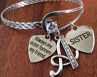 Bracelets personnalisés pour sœur, cadeau personnalisé pour femmes, bracelet initial soeur, bracelet à breloques soeur, toujours ma sœur, amis pour toujours