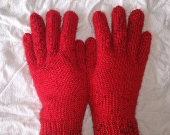 Red hand-knitted gloves with fingers,  Merino knitted gloves, Women's warm gloves, Women's winter gloves