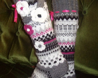Hand knit Knee Socks ,Scandinavian knitted socks, High Socks ,Over the Knee Socks ,Knit Wool Socks , Winter Socks for Women ,Made to order