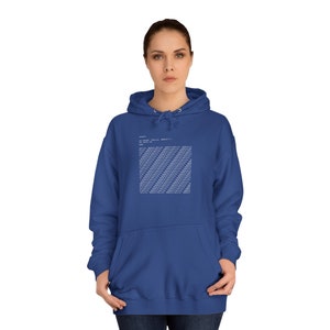 May include: A royal blue hooded sweatshirt with a white graphic print of a code snippet. The code snippet includes the text "ASSERT" and "IF TRUE THEN FALSE, OTHERWISE TRUE".