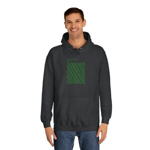 May include: A dark gray hooded sweatshirt with a green code printed on the front. The code reads "Did you know that all the world's a stage?"
