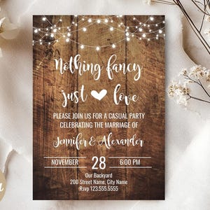 Invitación rústica de madera para una boda fugaz, después de la recepción, plantilla editable de Canva, DA307