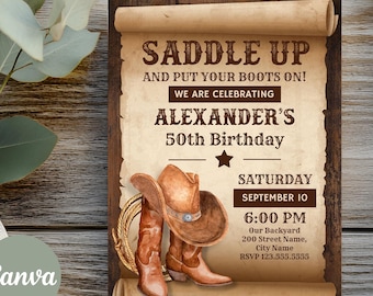 Rustic Western Birthday Invitation Cowboy Boots Hat Invite Western Editable Template DA232