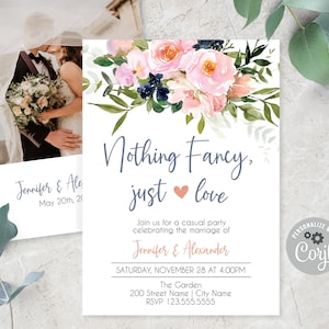 Elopement wedding invitation, pink and blue flowers, wedding reception, Instant Download, Edit with Corjl, A135
