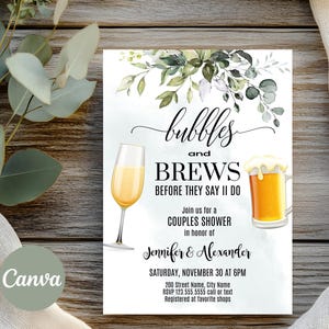 Bubbles & Brews Couples Shower Invitation, Watercolor Greenery Editable Canva Template, A006