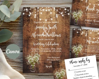 Rustic Wedding Invitation Set, Wood Lights Baby's Breath Suite, Editable Template A300