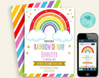Rainbow Birthday Invitation, self-editable template, print and email, Instant download, Edit with Corjl, A915