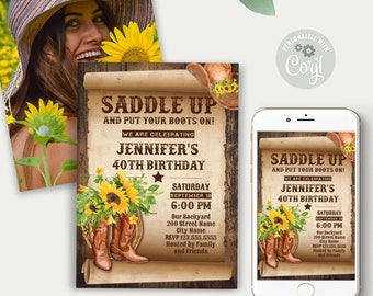 Country Western Invitation, Rustic Wood and Sunflowers, Self-Editable Corjl Template, Print and Email, A233