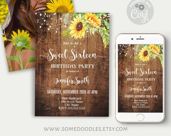 Sunflowers Sweet Sixteen Invitation, Rustic Birthday Invite with Sunflower Flowers, Self Editable Template, A260