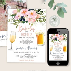 Burbujas y cervezas antes de la invitación del Sí, ducha para parejas, flores rosas y azules, impresión y correo electrónico, Editar con Corjl, A134