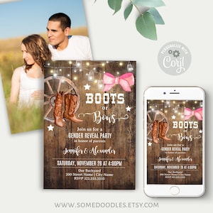 Boots or Bows Gender Reveal Invitation, Self-editable Template, Instant Download, Print or Email to Family and Friends, A755 image 1