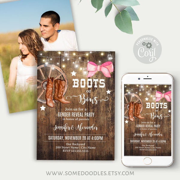 Boots or Bows Gender Reveal Invitation, Self-editable Template, Instant Download, Print or Email to Family and Friends, A755