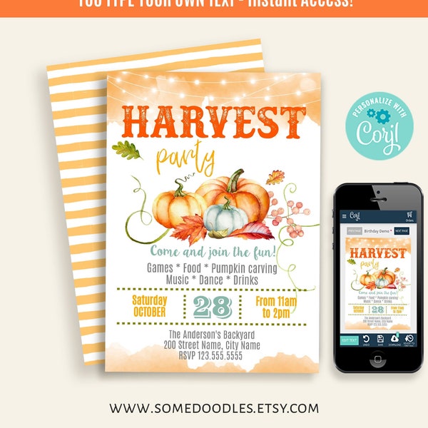 Harvest party invitation, self-editable template, instant download, print and email, Edit with Corjl, A806