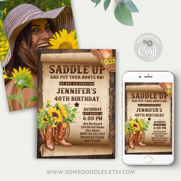 Country Western Invitation, Rustic Wood and Sunflowers, Self-Editable Corjl Template, Print and Email, A233