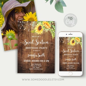 Sunflowers Sweet Sixteen Invitation, Rustic Birthday Invite with Sunflower Flowers, Self Editable Template, A260