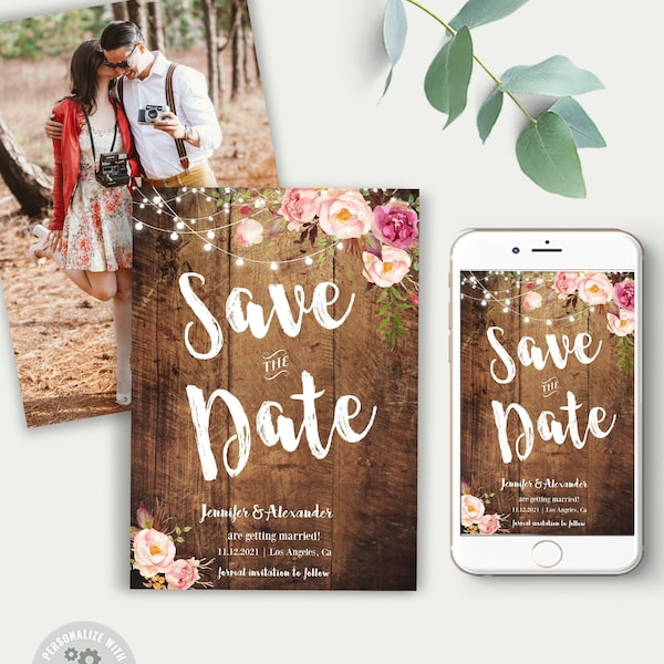 Save the date template, rustic wood and water color flowers, self-editable, printable digital card, Edit with Corjl, A336