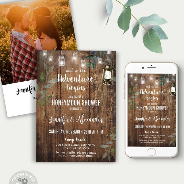 Honeymoon shower invitation, couples shower, bridal shower, outdoors, printable Self-editable template with Corjl, A652