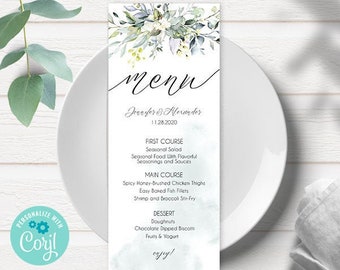 Dinner menu, Watercolor greenery boho wedding, printable editable template, Edit with Corjl A014