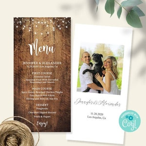 Menu de mariage rustique, modèle auto-éditable imprimable, modifier avec Corjl, A855