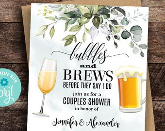 Bubbles and Brews before they say I do invitation, watercolor greenery, couples shower, wedding, printable, Edit with Corjl, A006