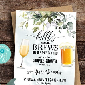 Bubbles and Brews before they say I do invitation, watercolor greenery, couples shower, wedding, printable, Edit with Corjl, A006