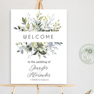 Welcome sign, Watercolor greenery boho wedding, printable editable template, Edit with Corjl A015