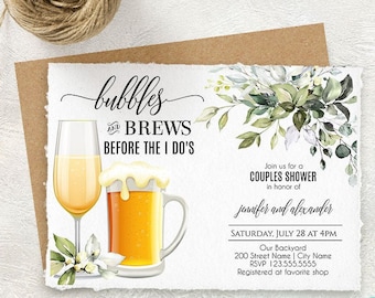 Bubbles and Brews before the I do&#39;s couples shower invitation, watercolor greenery, wedding, printable, Edit with Corjl, A008