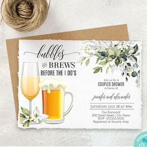 Bolhas e cervejas antes do convite para chá de bebê de casal, aquarela verde, casamento, para impressão, Editar com Corjl, A008
