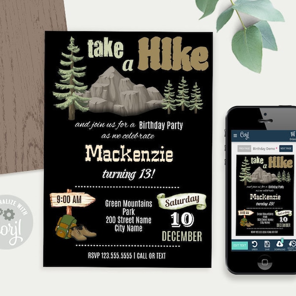 Hiking Birthday Party Invitation, self-editable template, Instant download, print and email, Edit with Corjl, A799