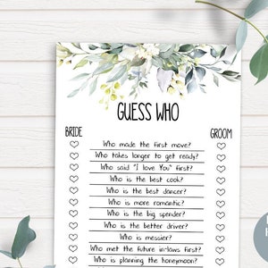 Bridal Shower Games, Printable Guess Who game, Watercolor greenery, eucalyptus, green leaves, G601