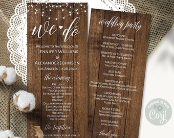 Rustic wedding program, printable editable template, instant download, edit with Corjl, A317